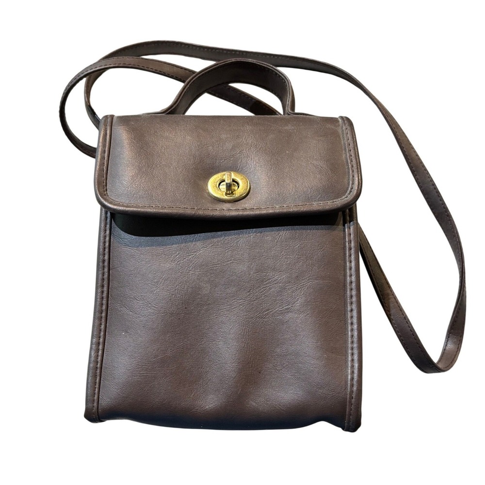 Vintage Y2K Brown Faux Leather Crossbody Organizer Bag Turn Lock Top Handle